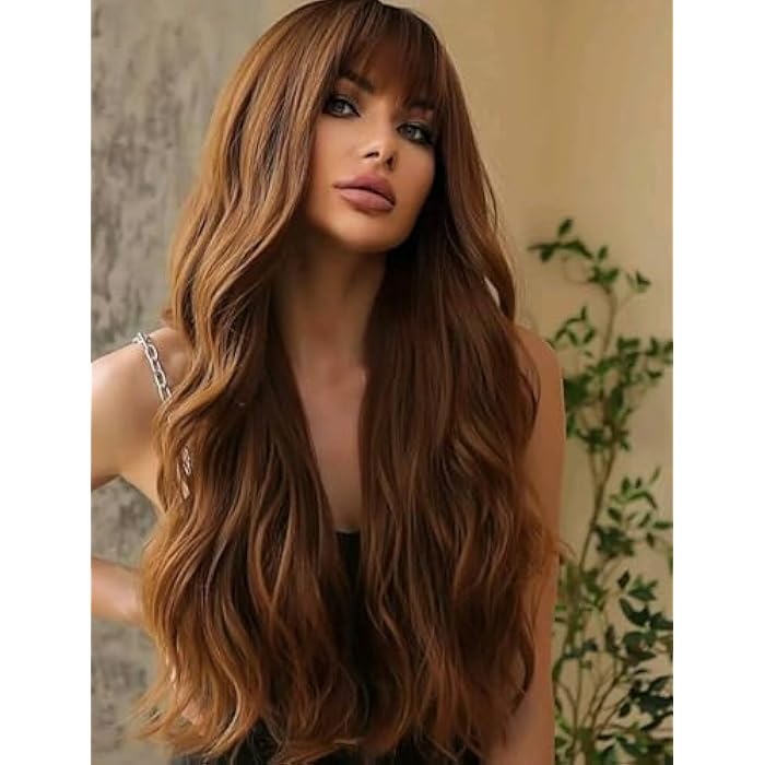 Long Wavy Brown Synthetic Hair Wig with Bangs, Heat Resistant Fiber, Natural Looking Style for Cosplay and Daily Wear